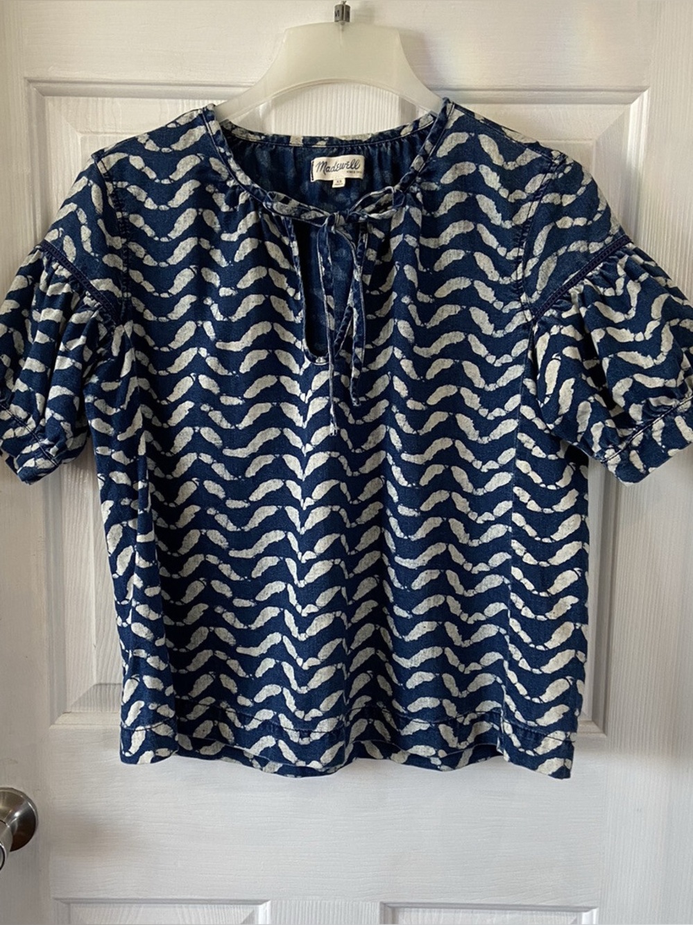 Madewell Blouse Tie Neck Short Sleeve Blue & White Size XS